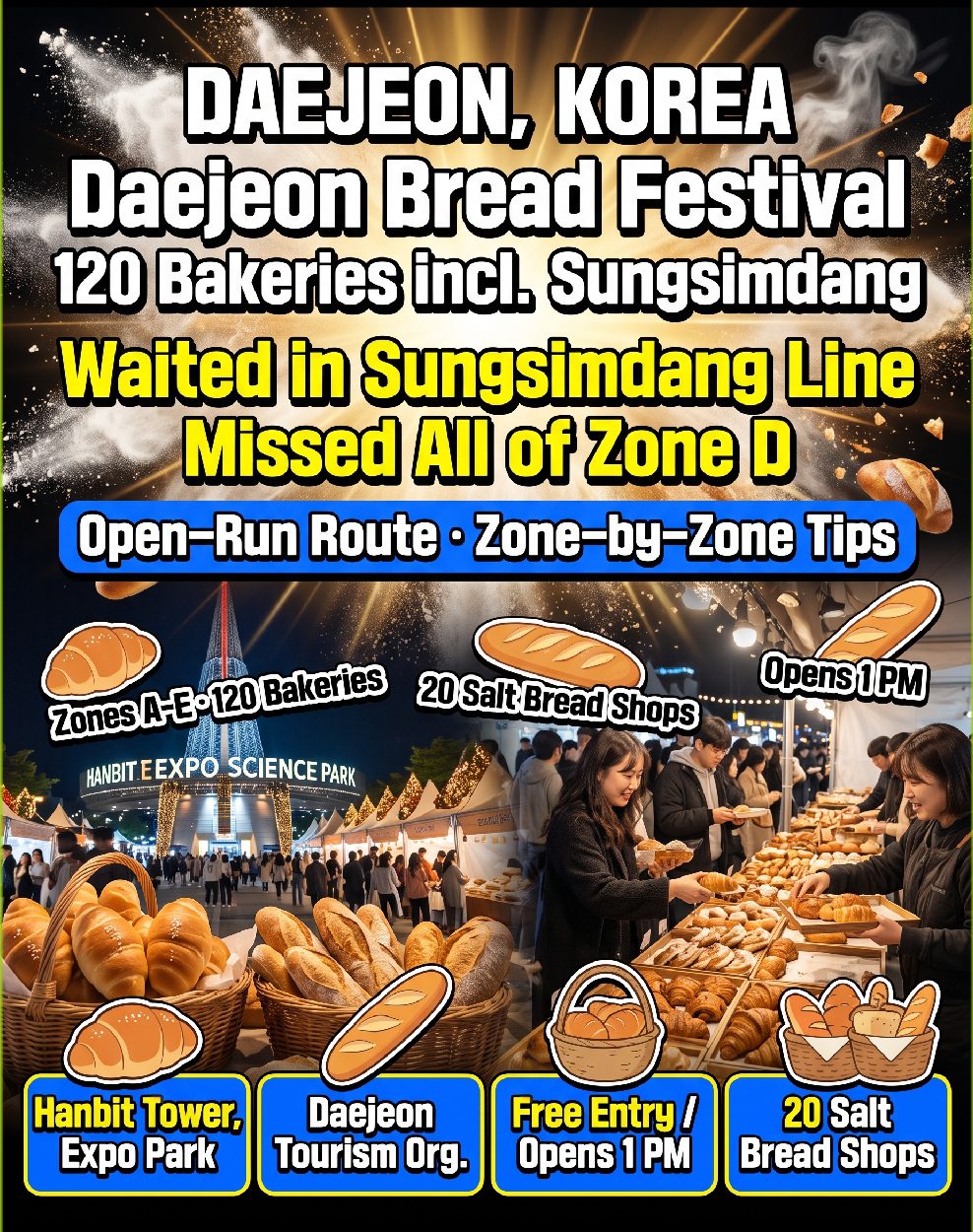Daejeon Bread Festival 2026 at Expo Science Park Hanbit Tower with rows of bakery booths and visitors browsing