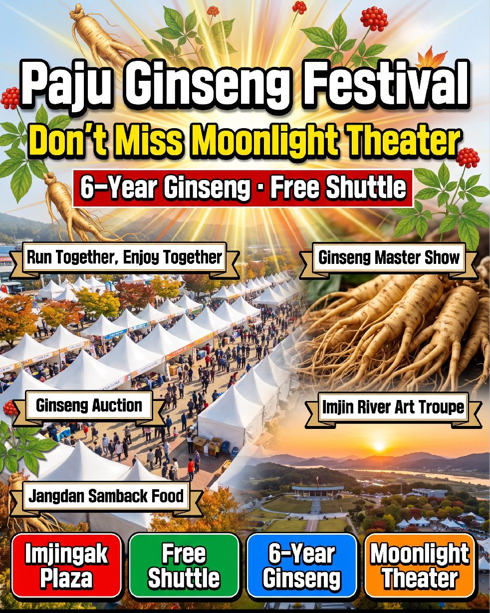 Paju Gaeseong Ginseng Festival 2026 at Imjingak Square in Paju, with six-year-old ginseng roots displayed at the direct trade market