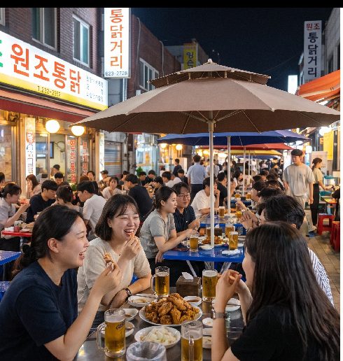 Tongdak Street outdoor dining zone at the Suwon Tongdak Street Festival with fried chicken served at outdoor tables