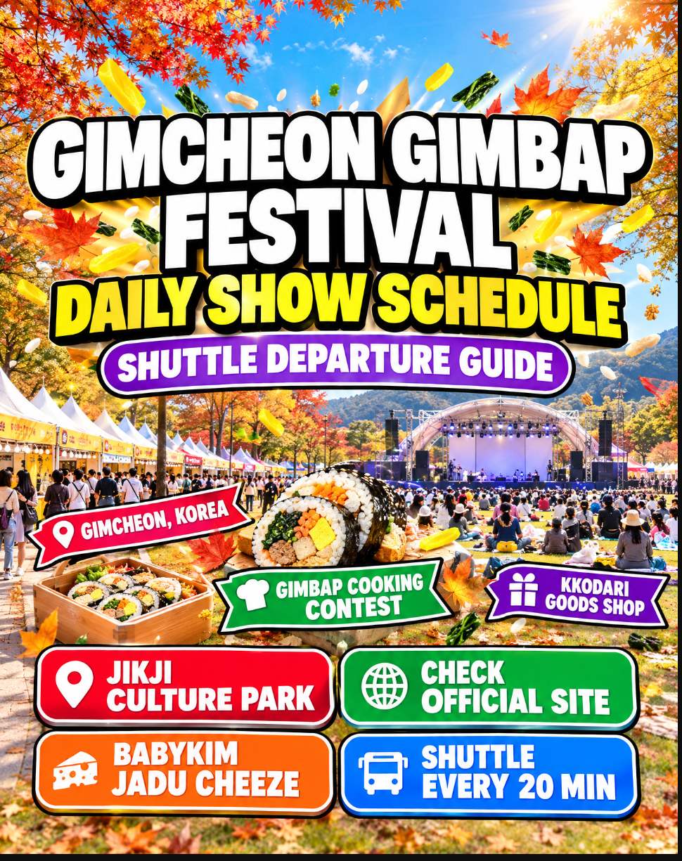 Gimcheon Gimbap Festival 2026 at Jikji Culture Park with performers Bobby Kim, Jadoo, and Cheeze on the autumn outdoor stage